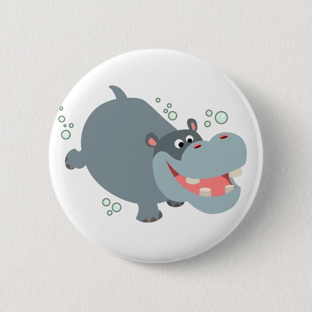 Cute Swimming Cartoon Hippo Button Badge (Front)