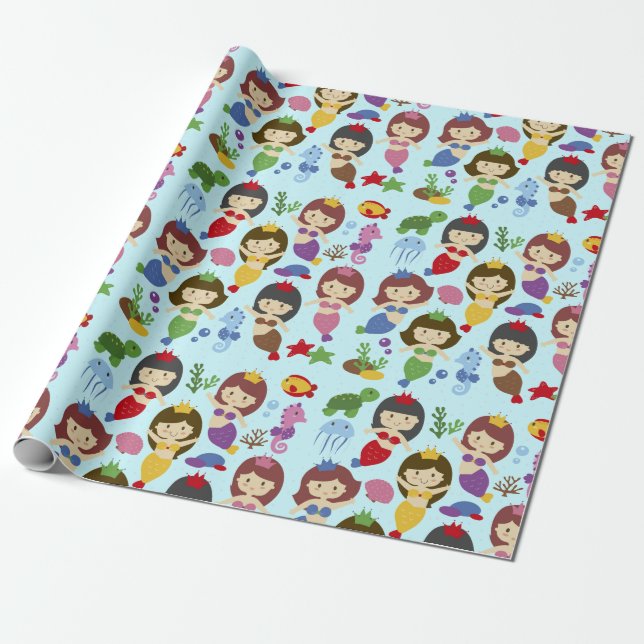 Cute swimming chibi mermaids under sea pattern wrapping paper (Unrolled)