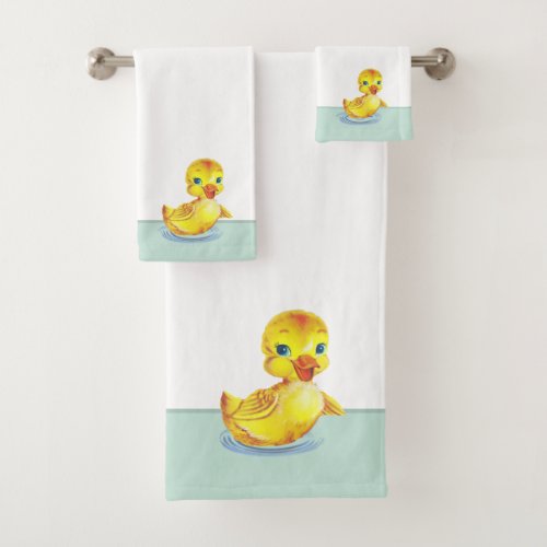 Cute Swimming Ducklings on Light Blue  White Bath Bath Towel Set
