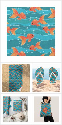 Cute Swimming Goldfish & Water Pattern