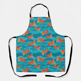 Cute Swimming Goldfish & Water Pattern