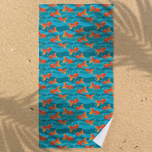 Cute Swimming Goldfish & Water Pattern Beach Towel