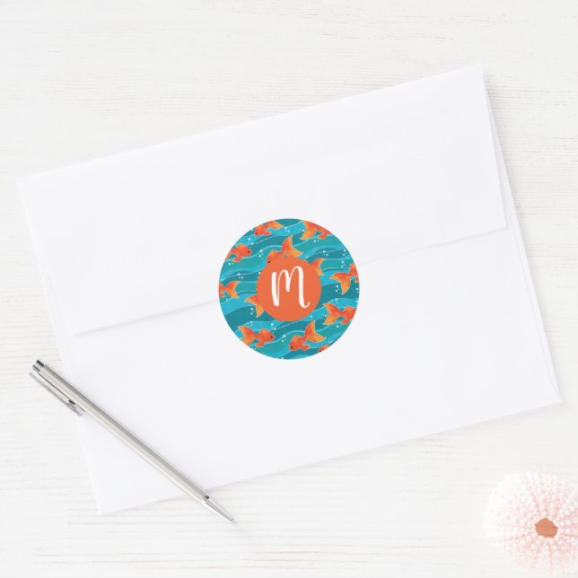 Cute Swimming Goldfish & Water Pattern Classic Round Sticker (Envelope)