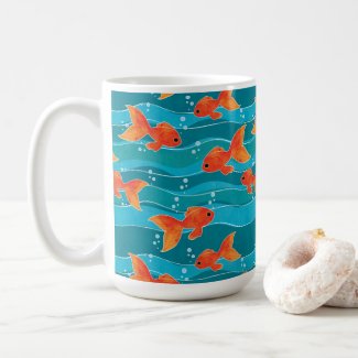 Cute Swimming Goldfish & Water Pattern