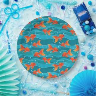 Cute Swimming Goldfish & Water Pattern