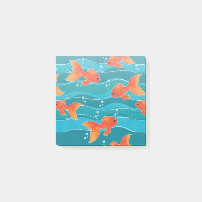 Cute Swimming Goldfish & Water Pattern Post-it Notes (Front)