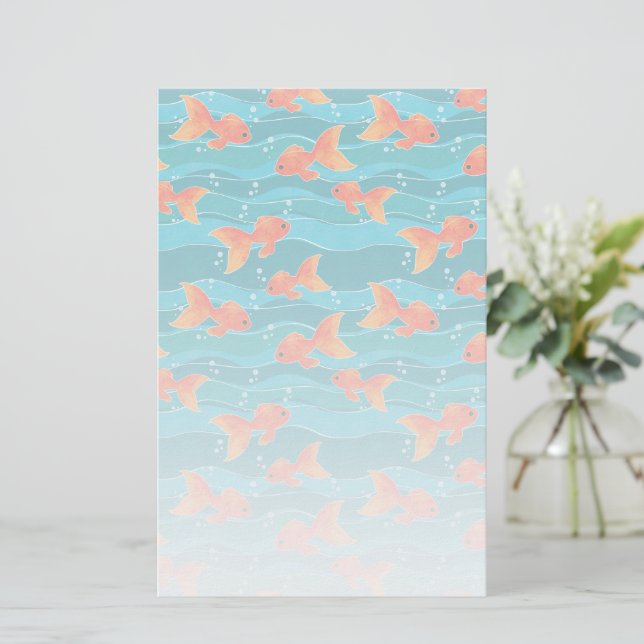 Cute Swimming Goldfish & Water Pattern Stationery (Standing Front)