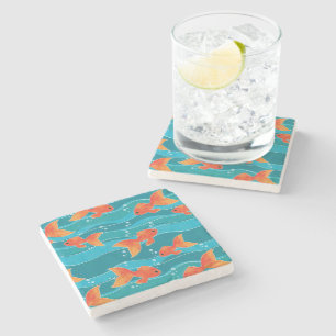 Cute Swimming Goldfish & Water Pattern Stone Coaster