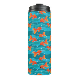 Cute Swimming Goldfish & Water Pattern Thermal Tumbler