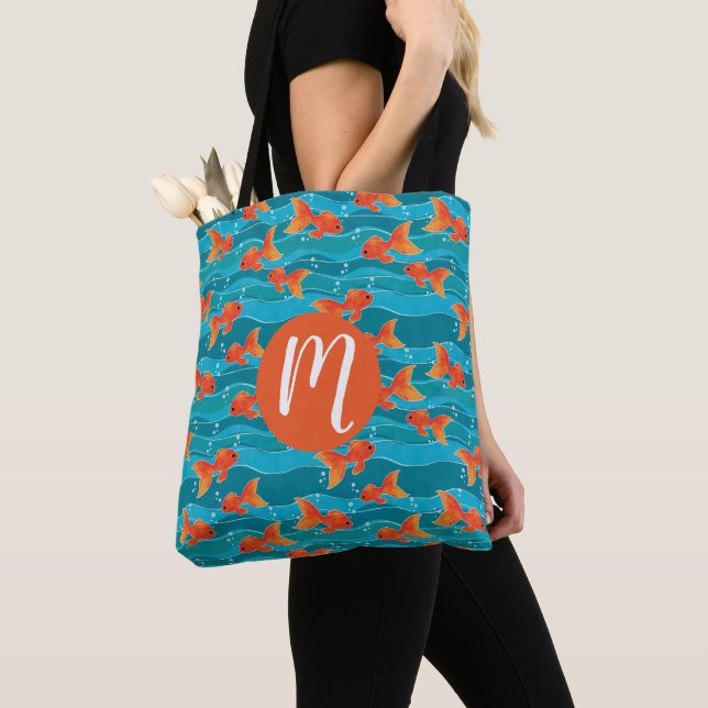 Cute Swimming Goldfish & Water Pattern Tote Bag (Close Up)