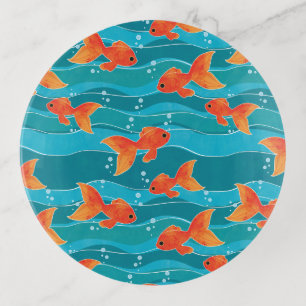 Cute Swimming Goldfish & Water Pattern Trinket Tray