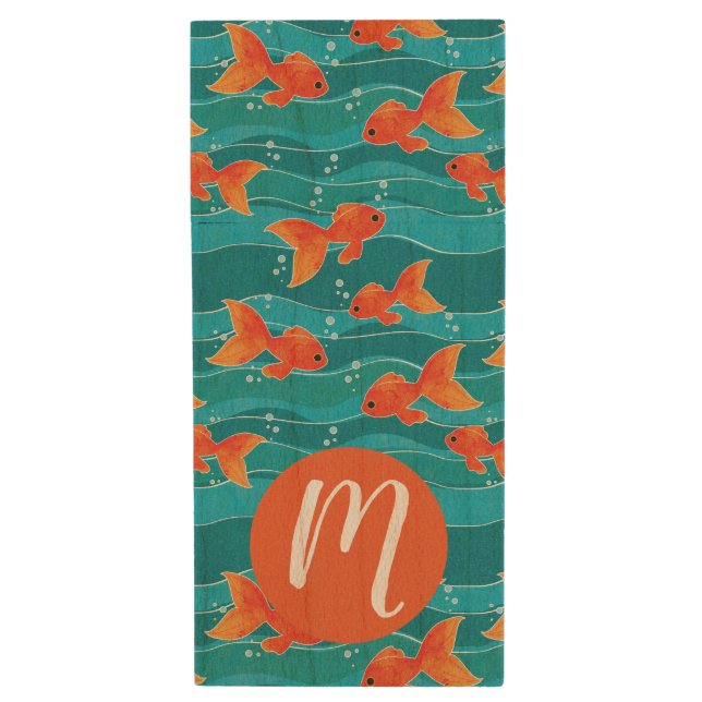 Cute Swimming Goldfish & Water Pattern Wood Flash Drive (Front Vertical)