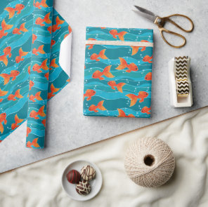 Cute Swimming Goldfish & Water Pattern Wrapping Paper