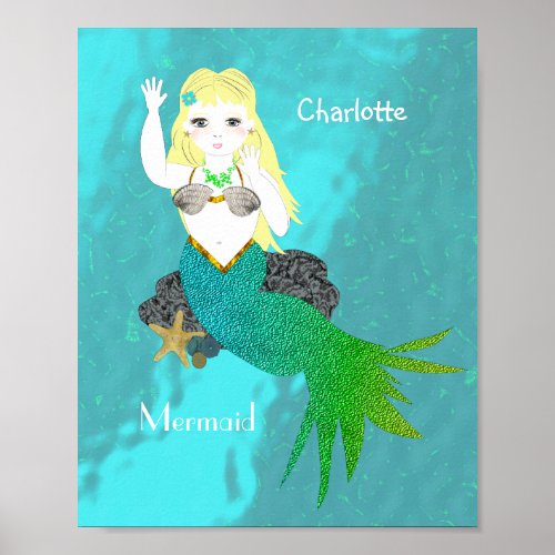 Cute Swimming Mermaid Personalized Poster