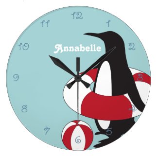 Cute Swimming Penguin Cartoon Light Blue Kids Room Large Clock