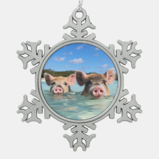Cute Swimming Pig Exuma Bahamas Snowflake Pewter Christmas Ornament