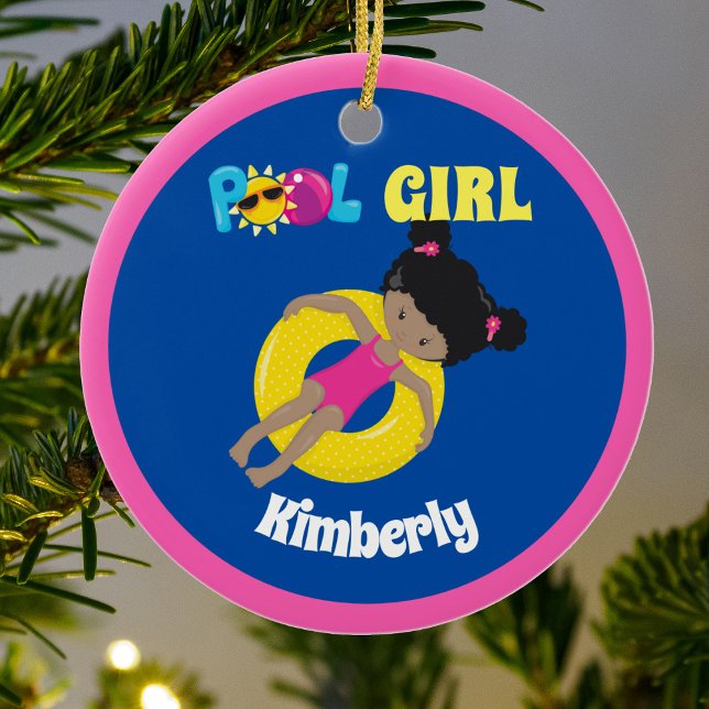 Cute Swimming Pool African American Girl Custom Ceramic Ornament (Creator Uploaded)