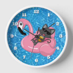 Cute Swimming Pool Cat Flamingo Summer Kids Clock