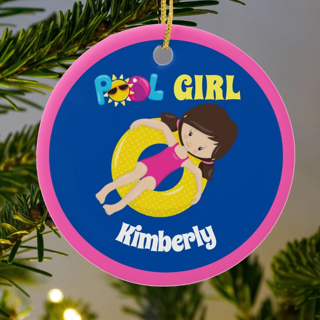 Cute Swimming Pool Girl Custom Pink Blue Ceramic Ornament (Creator Uploaded)