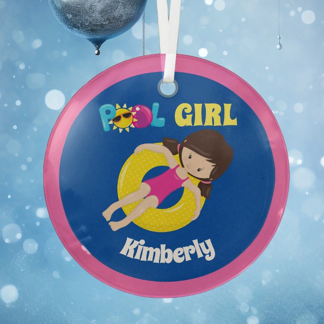 Cute Swimming Pool Girl Custom Pink Blue Christmas Glass Ornament (Creator Uploaded)