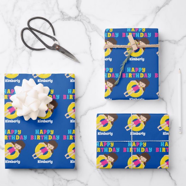 Cute Swimming Pool Girl Custom Swimmer Birthday Wrapping Paper Sheets (Front)