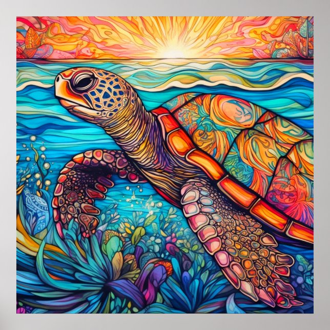 Cute Swimming Sea Turtle Illustration Poster (Front)