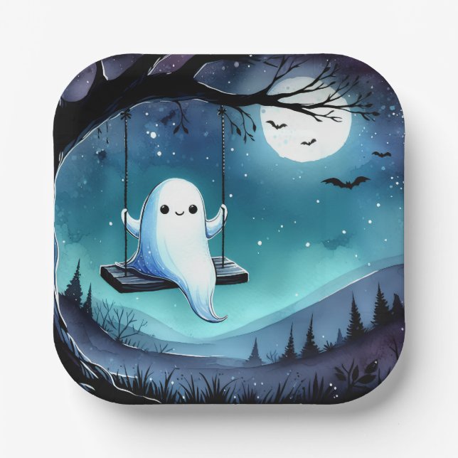 Cute Swinging Ghost Paper Plates (Front)