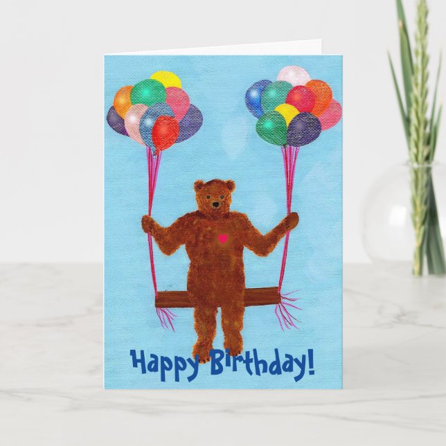 Cute Swinging Teddy Bear Birthday Cards for Kids (Front)