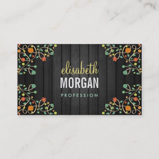 Customizable Cute Swirl Flowers on Dark Wood Business Cards