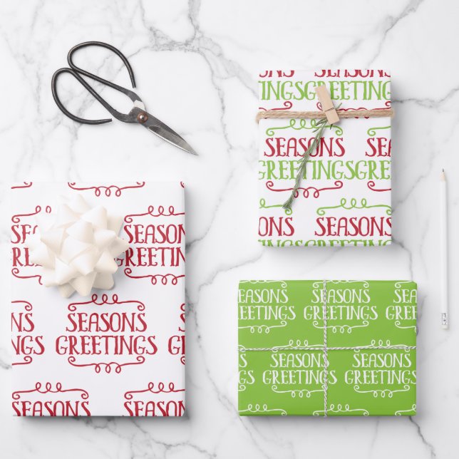 Cute Swirly Season's Greetings Ornament Christmas Wrapping Paper Sheets (Front)