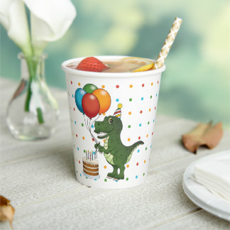 Cute T-rex And Balloons Colorful Happy Birthday Paper Cups