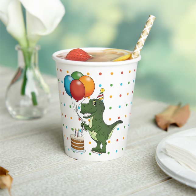 Cute T-rex And Balloons Colorful Happy Birthday Paper Cups (Insitu)