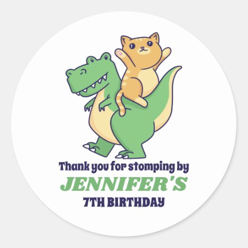 Cute T_Rex and Cat Kids Birthday Party Classic Round Sticker