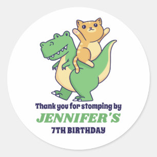 Cute T-Rex and Cat Kids Birthday Party Classic Round Sticker