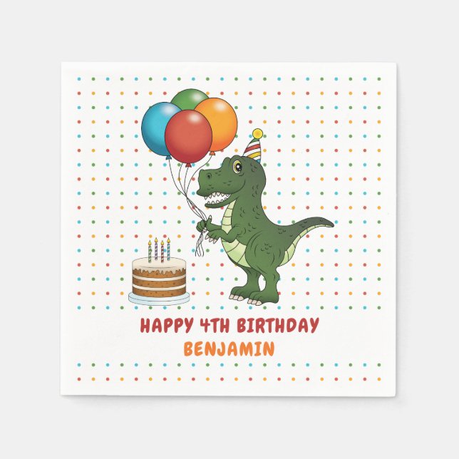 Cute T-rex Dinosaur And Colorful Birthday Balloons Napkins (Front)