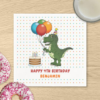 Cute T-rex Dinosaur And Colorful Birthday Balloons Napkins