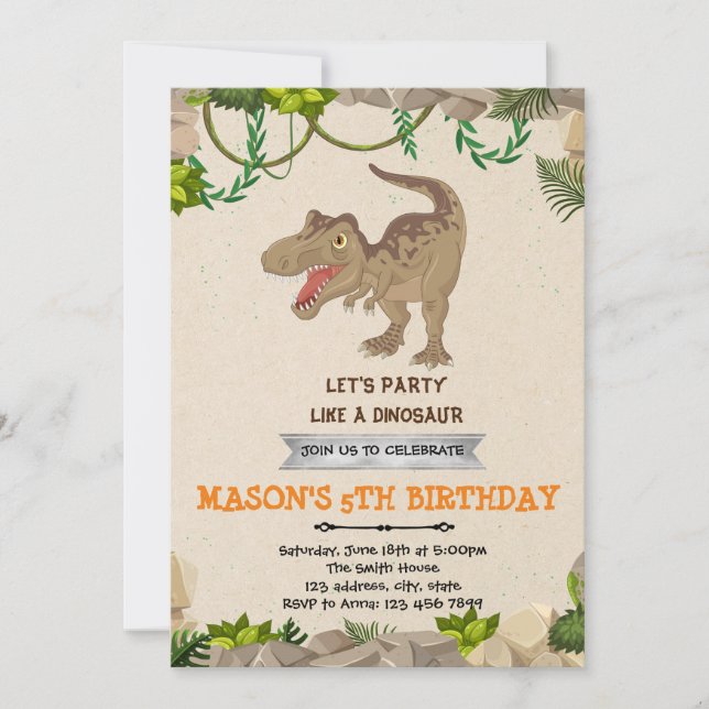 Cute t-rex dinosaur birthday party invitation (Front)