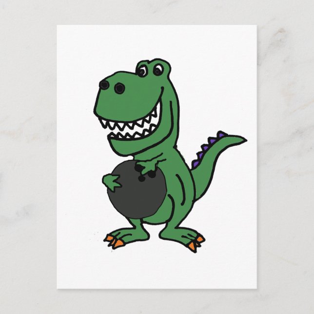 Cute T-rex Dinosaur Bowling Cartoon Postcard (Front)