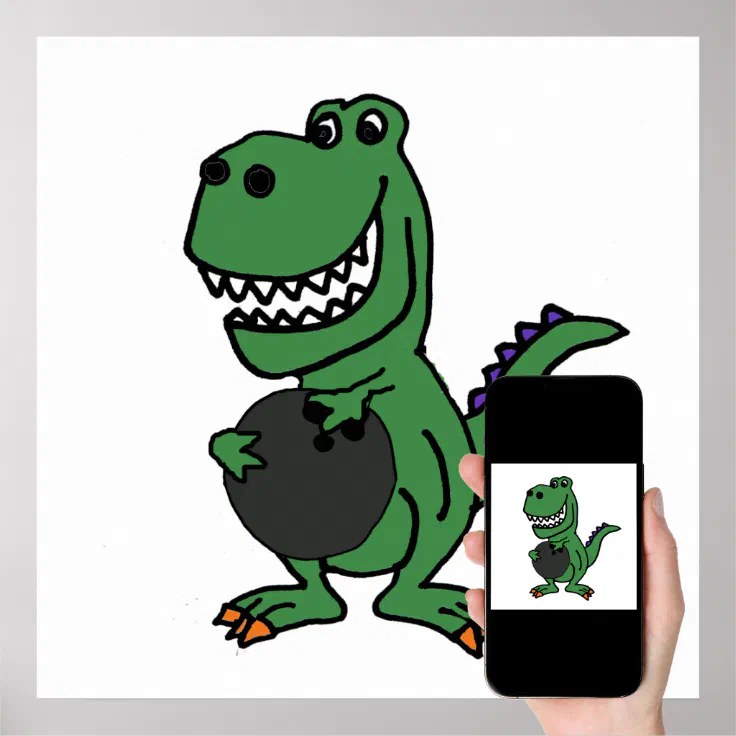 Cute T-rex Dinosaur Bowling Cartoon Poster | Zazzle