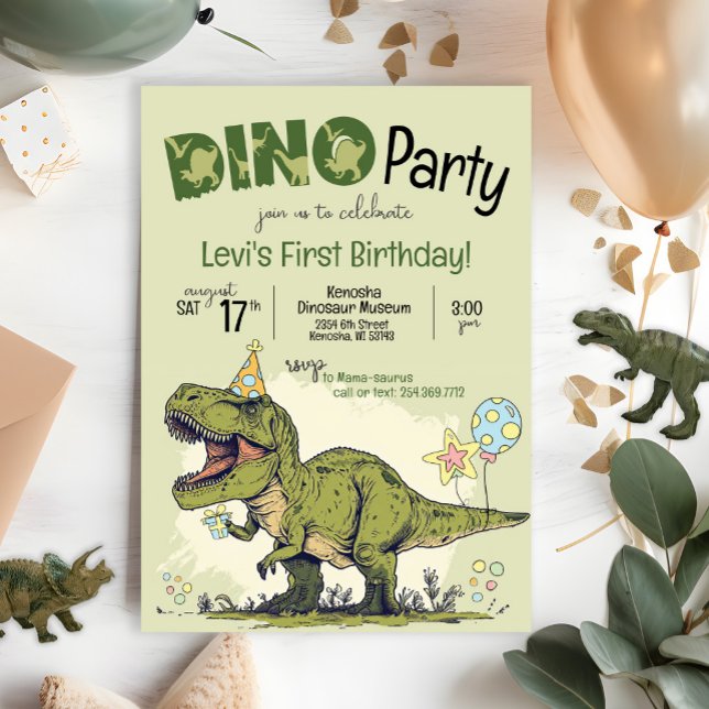 Cute T-Rex Dinosaur First Birthday Dino Party Invitation (Cute Cartoon T-Rex Dinosaur wearing birthday hat, First Birthday Dino Party invitation, one-a-saurus)