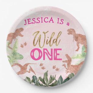 Cute T Rex Dinosaur Girl 1st Birthday Party Paper Plates