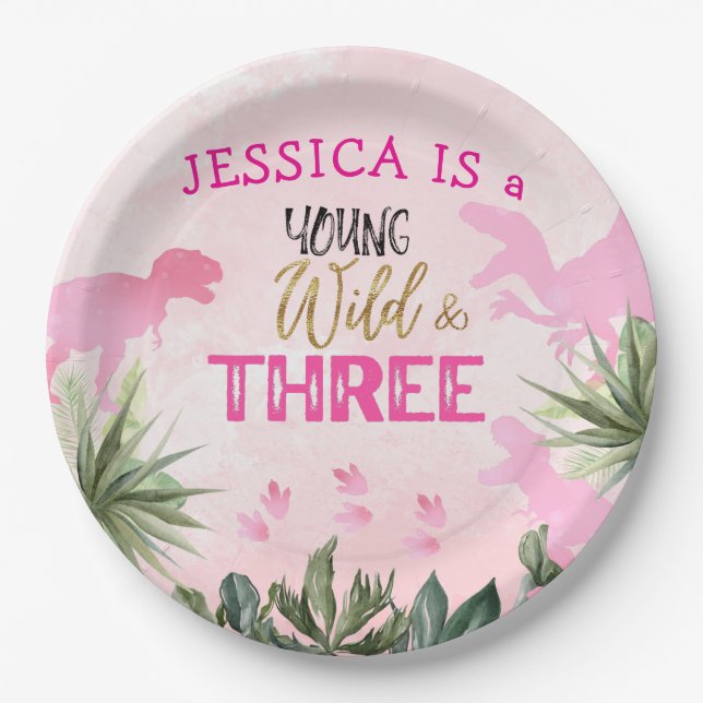 Cute T Rex Dinosaur Girl 3rd Birthday Party Paper Plates (Front)