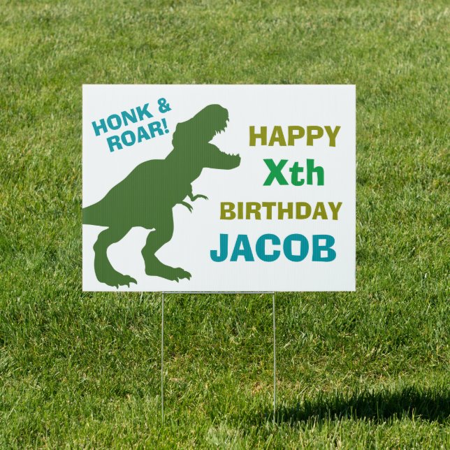 Cute T Rex Dinosaur Honk and Roar Birthday Sign (Insitu)