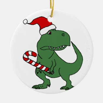Cute T-rex Dinosaur In Santa Hat Christmas Art Ceramic Ornament by ChristmasSmiles at Zazzle