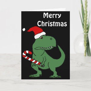 Cute T-rex Dinosaur in Santa Hat Christmas Art Holiday Card