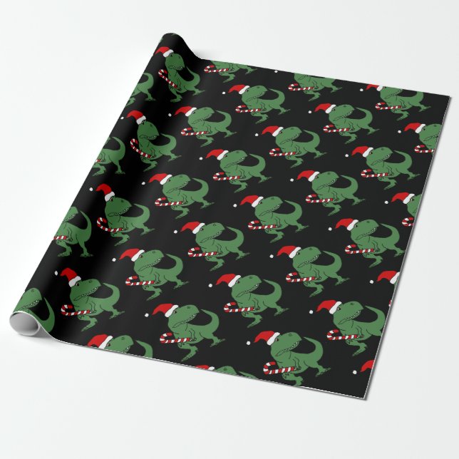Cute T-rex Dinosaur in Santa Hat Christmas Art Wrapping Paper (Unrolled)