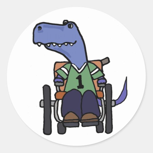 Cute T_rex Dinosaur in Wheelchair Cartoon Classic Round Sticker