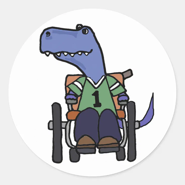 Cute T-rex Dinosaur in Wheelchair Cartoon Classic Round Sticker | Zazzle