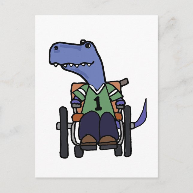 Cute T-rex Dinosaur in Wheelchair Cartoon Postcard (Front)