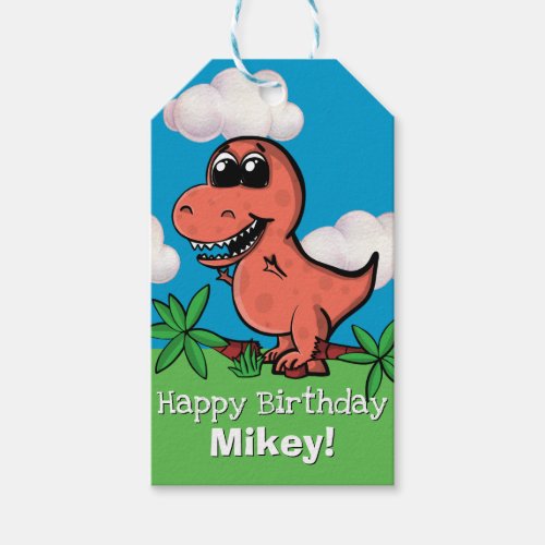 Cute T_Rex Dinosaur Kids Birthday Cartoon Jurassic Gift Tags